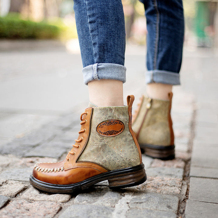 Women's Vintage Distressed Denim Sheepskin Ankle Boots Side Zipper Lace Up Combat Booties
