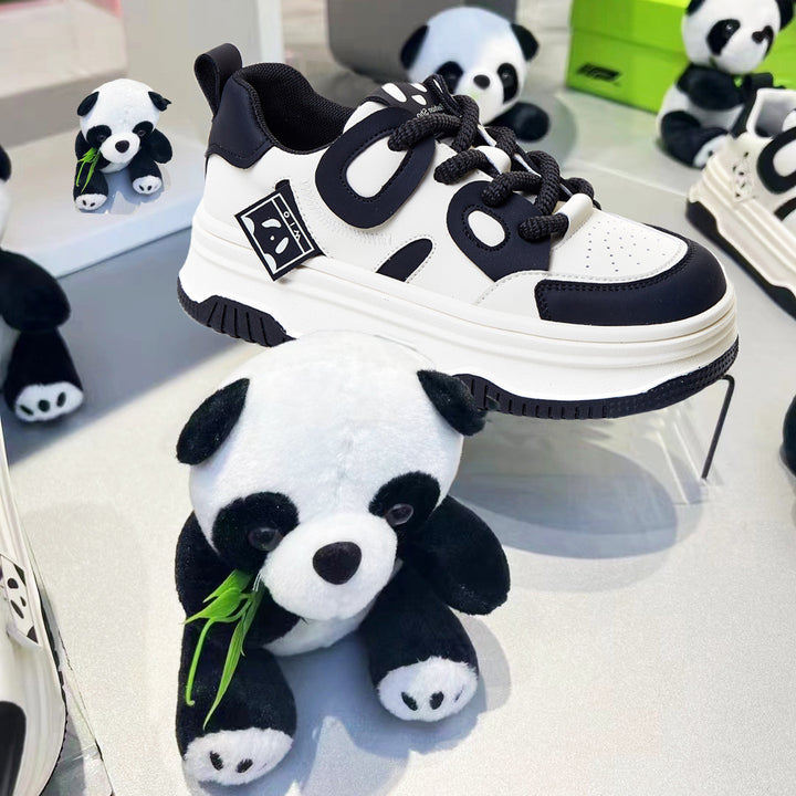 Womens Leather Cute Platform Panda Lace Up Sneakers