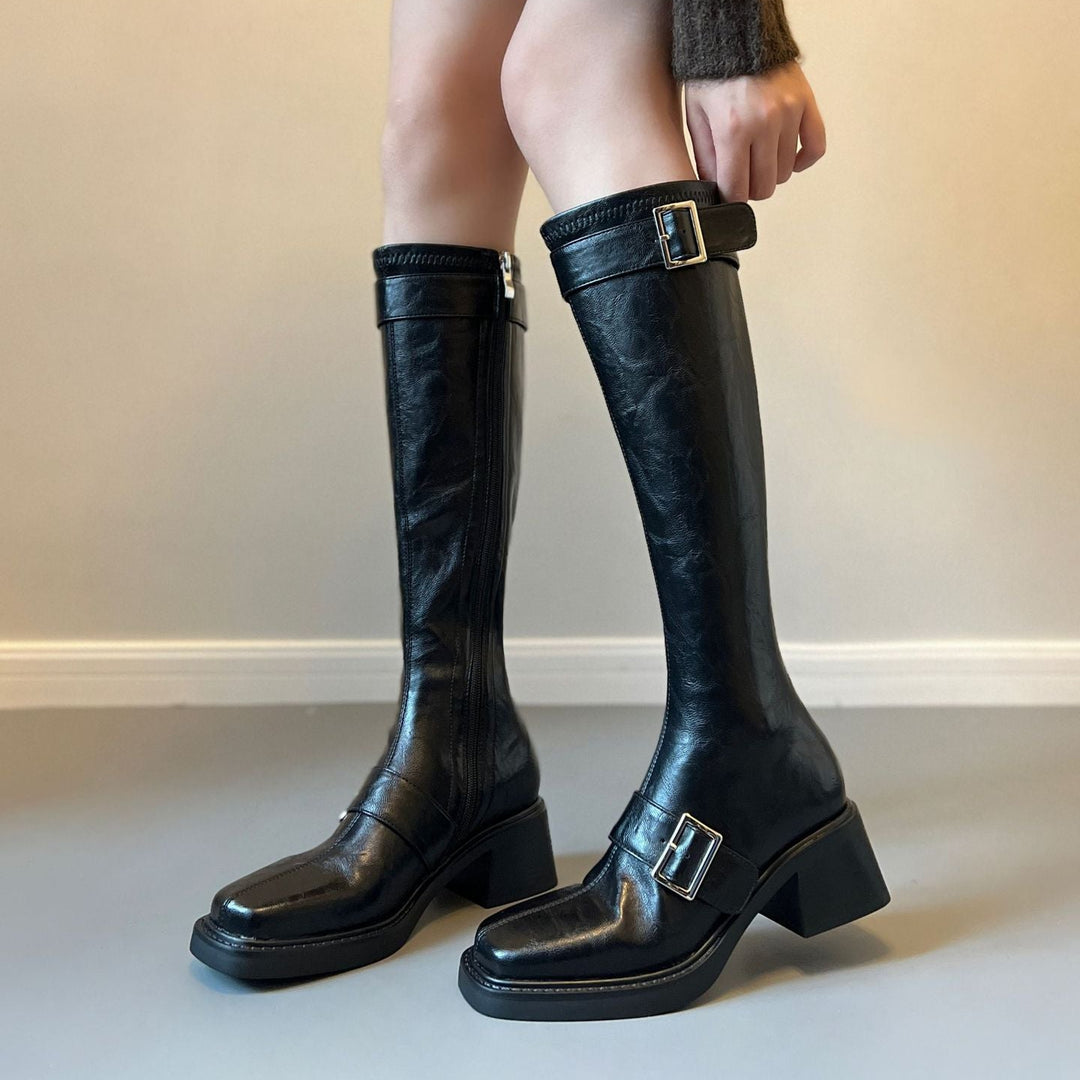 Women's Vintage Knee High Zipper Boots - Square Toe Buckle Strap Chunky Block Heel Riding Boots