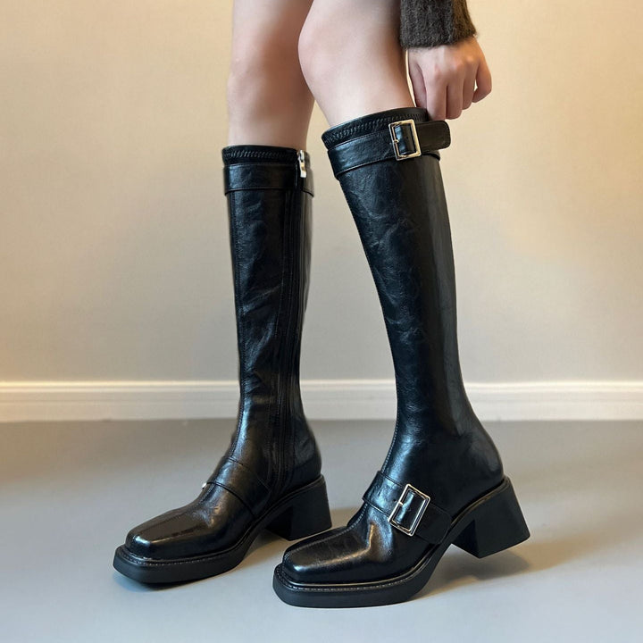 Women's Vintage Knee High Zipper Boots - Square Toe Buckle Strap Chunky Block Heel Riding Boots