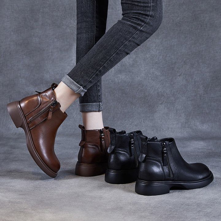 Women's Genuine Leather Casual Ankle Boots – Comfortable Double Zipper Design