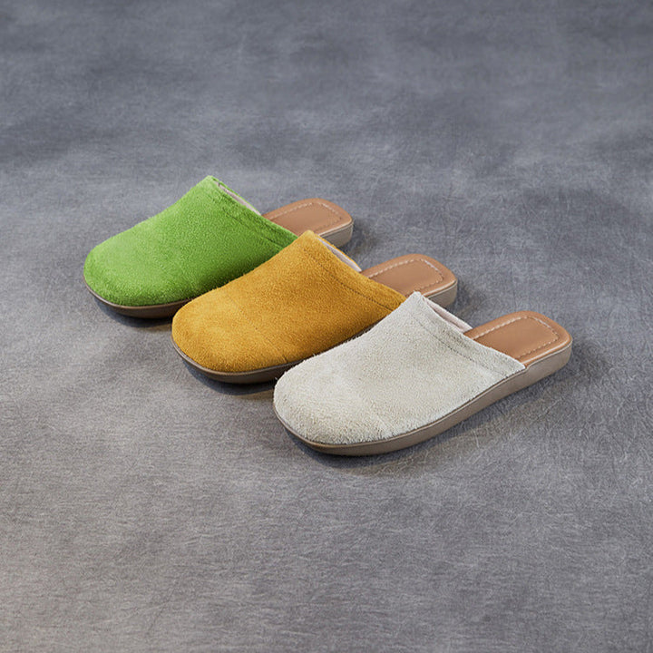Women's Minimalist Nubuck Mules - Round-Toe Flat with Slip-On Ease