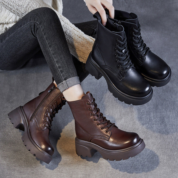 Women's Casual Genuine Leather Platform Boots – Chunky Heel & Side Zip