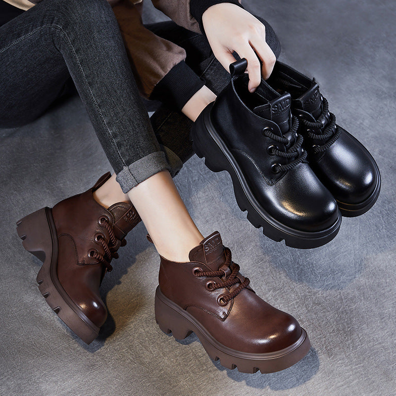 Women's Retro Genuine Leather Platform Lace-Up Chunky Boots