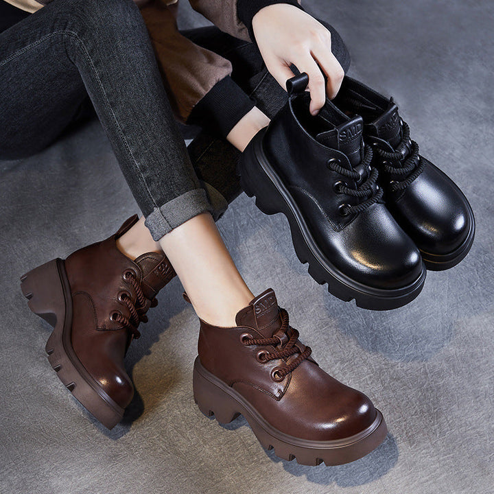 Women's Retro Genuine Leather Platform Lace-Up Chunky Boots