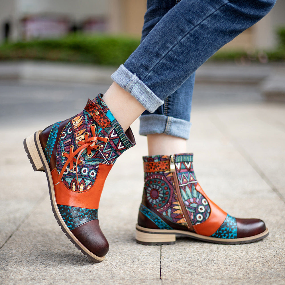 Women's Printed Leather Jacquard Ankle Boots Zipper Non-slip Low Boots