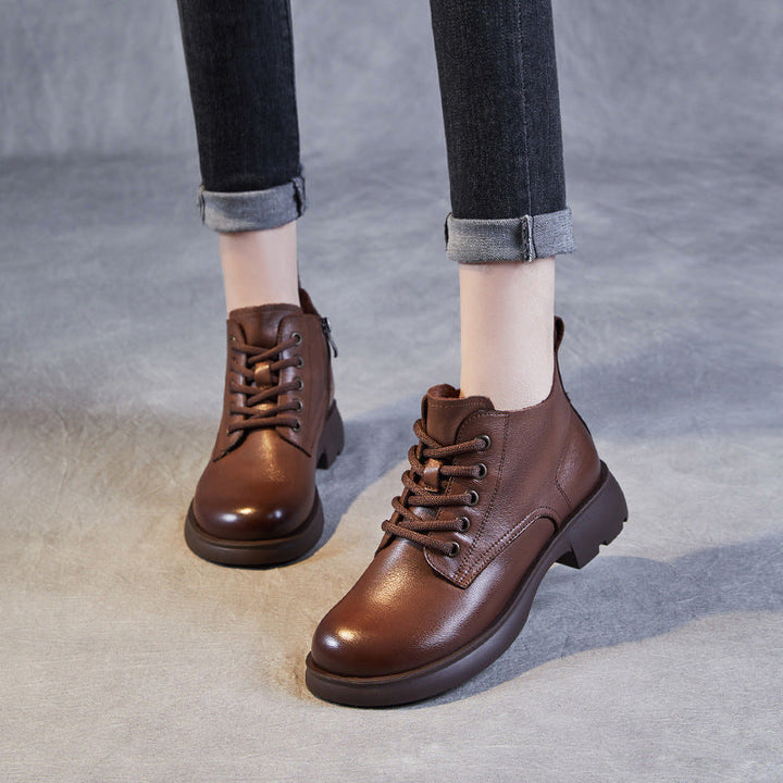 Women's Genuine Leather Casual Ankle Boots – Round Toe with Side Zipper