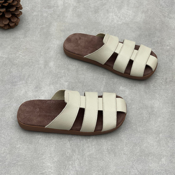 Artisanal Woven Leather Summer Slides - Minimalist Round Toe Cowhide Mules - Breathable Flat Footwear