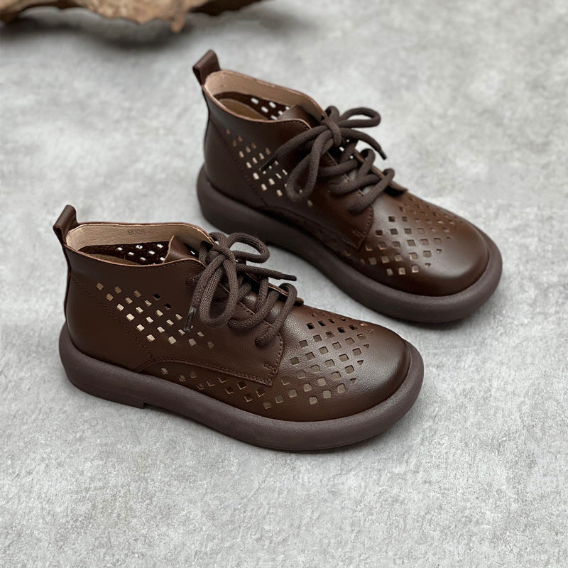 Women's Summer Leather Hole Hollow Out Lace Up Flat Sandal Boots