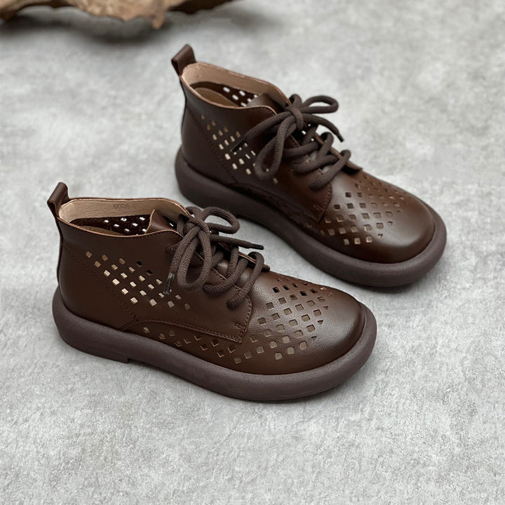 Women's Summer Leather Hole Hollow Out Lace Up Flat Sandal Boots