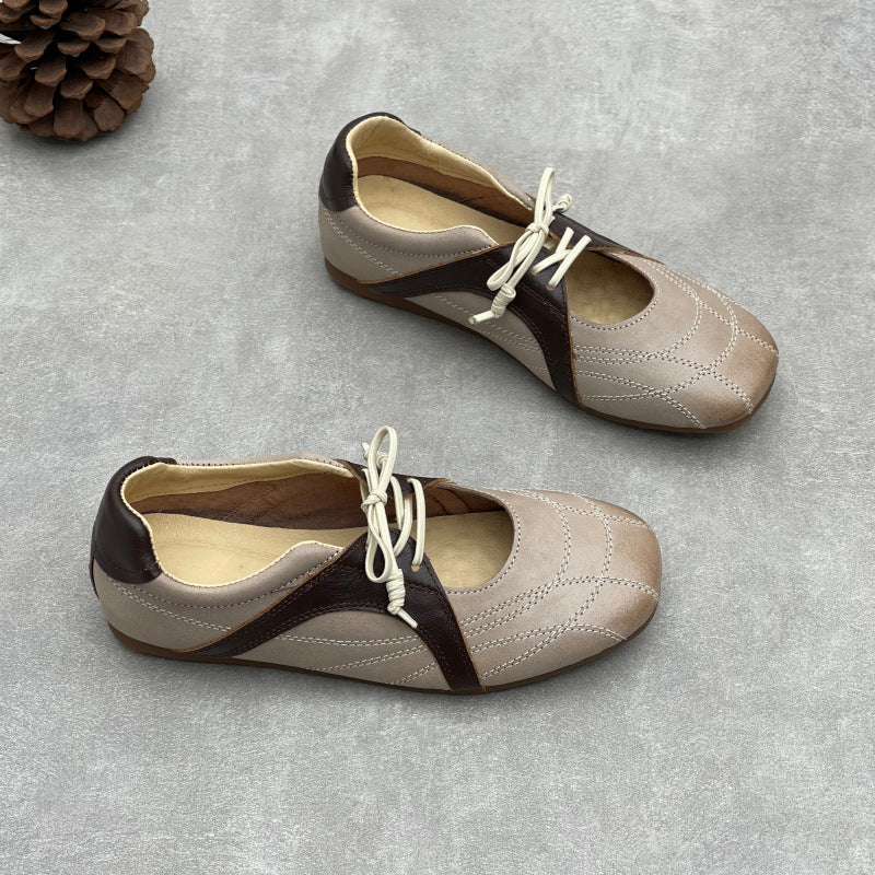 Womens Retro Leather Lace-up Mary Jane Flats Vintage Casual Walking Shoes