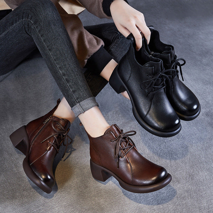 Women's Casual Lace-Up Ankle Boots – Round Toe Block Heel with Side Zipper