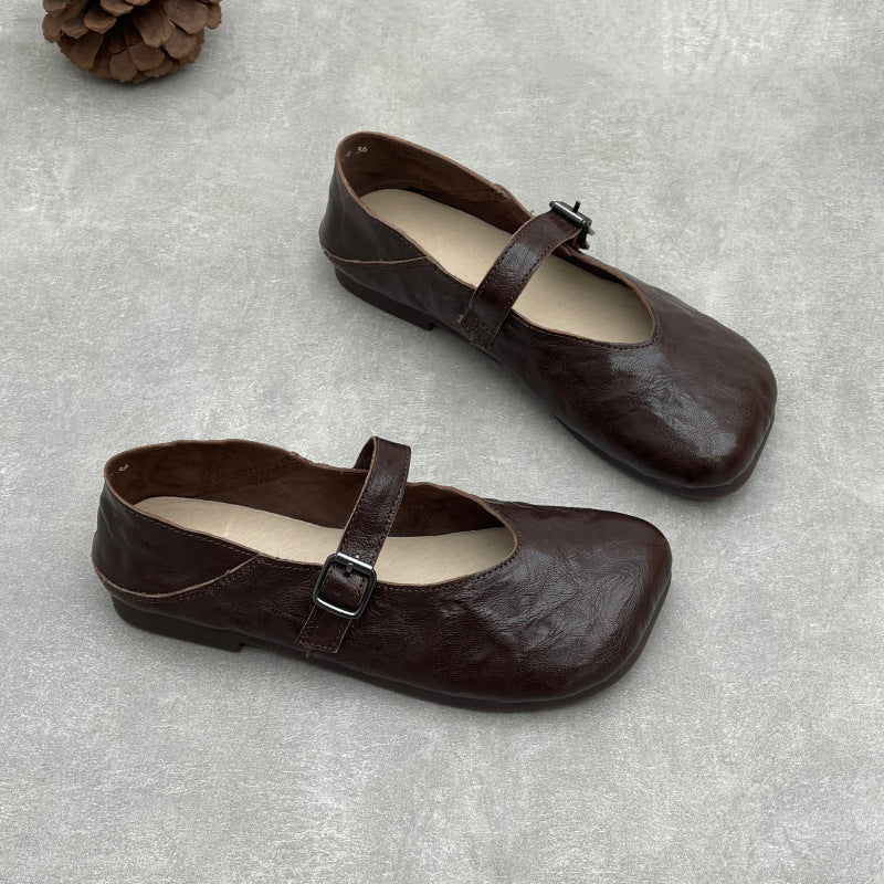 Women’s Handmade Sheepskin Mary Jane Flats – Square Toe V-Cut Comfortable Shoes