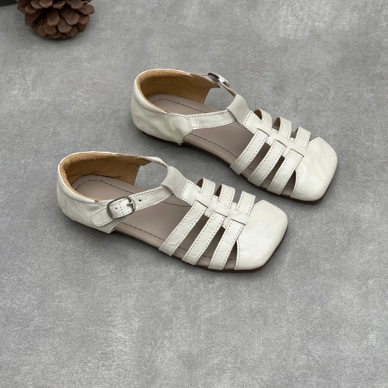 Women's Genuine Leather T-Strap Mary Jane Sandals Retro Square Toe Flats