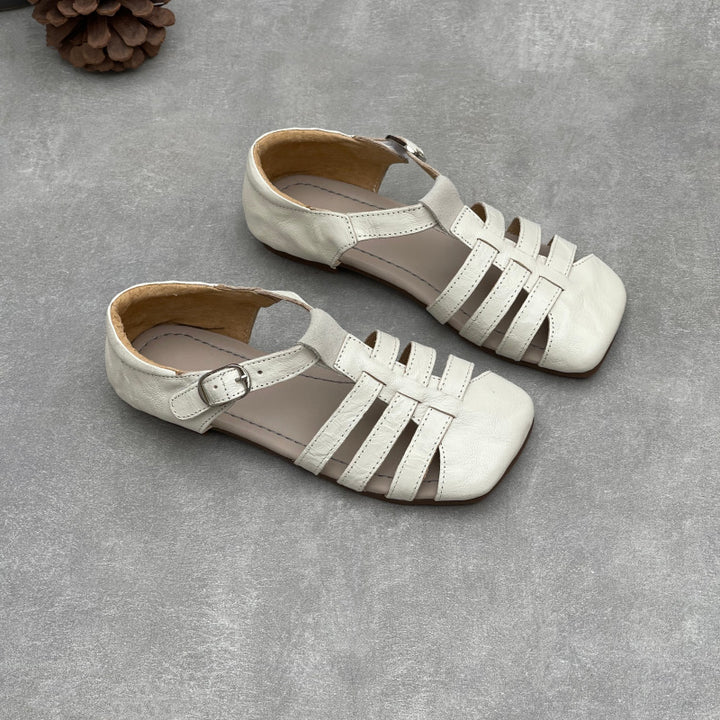 Women's Genuine Leather T-Strap Mary Jane Sandals Retro Square Toe Flats