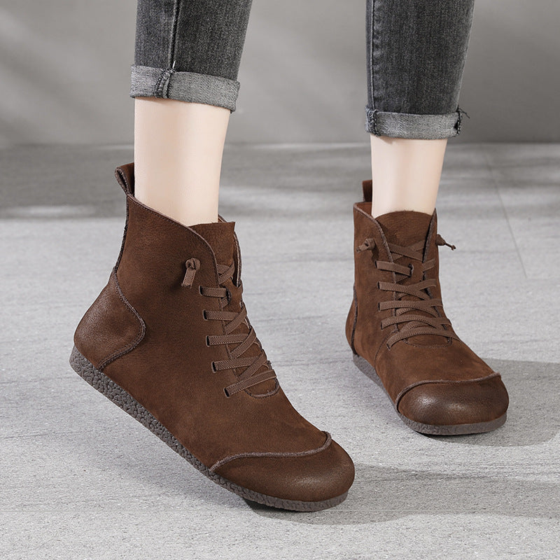 Women's Leather Contrast Panel Ankle Boots - Round-Toe Lace-Up Design