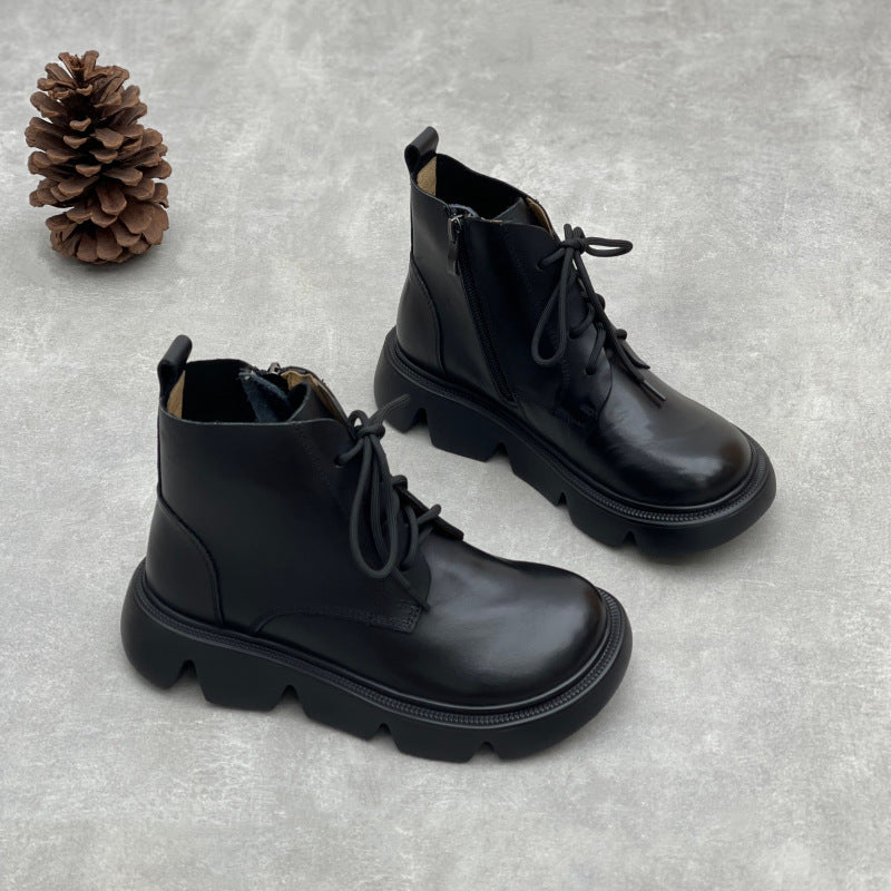 Women's Vintage Leather Platform Ankle Boots – Lace-Up Zipper Style