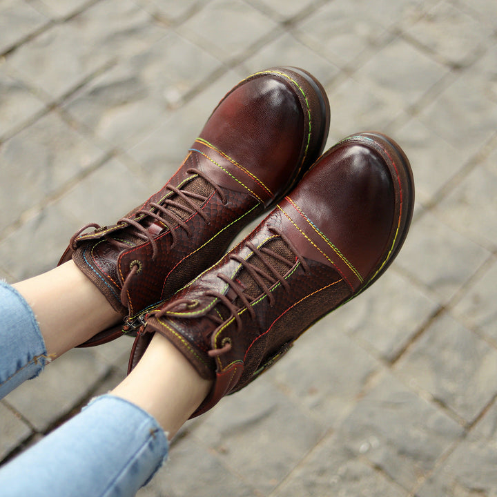 Women's Leather Ankle Boots - Contrast Stitching Flat Lace-up Zipper Boots