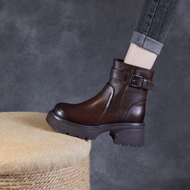 Women's Stylish Genuine Leather Platform Boots – Chunky Heel, Buckle & Side Zip