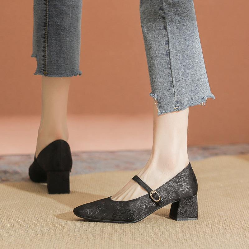 Women's Satin Floral Square Toe Buckle Mid Heel Mary Jane Heel