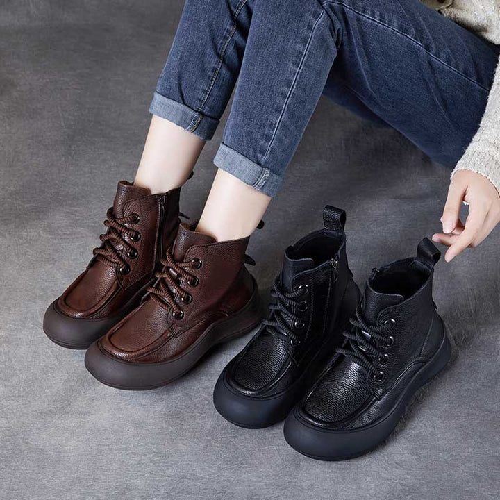 Women's Leather Platform Boots – Comfortable Casual Lace-Up Ankle Shoes