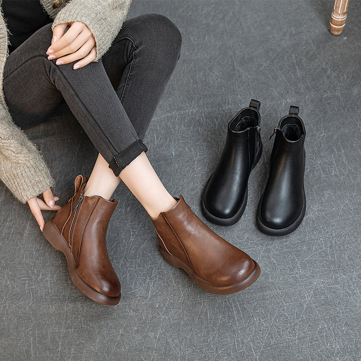 Women's Comfortable Leather Ankle Boots – Low Heel with Side Zipper