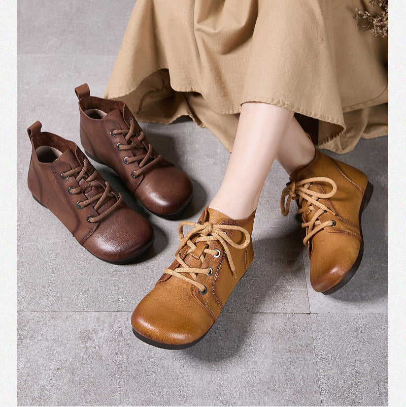 Vintage Women's Leather Lace-Up Ankle Boots – Casual Everyday Shoes