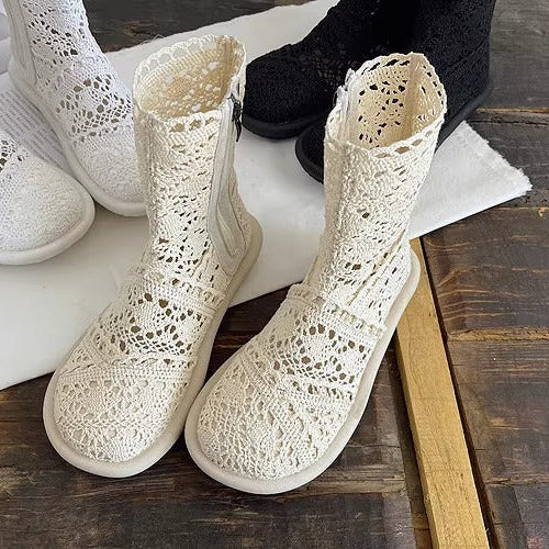 Women's Summer Literary Style Lace Side Zipper Wide Toe Box Short Boots