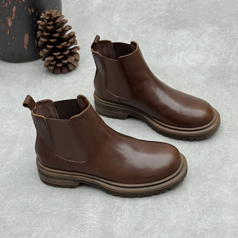Women's Washed Leather Chelsea Ankle Boots Slip On Low Platform Heel Booties