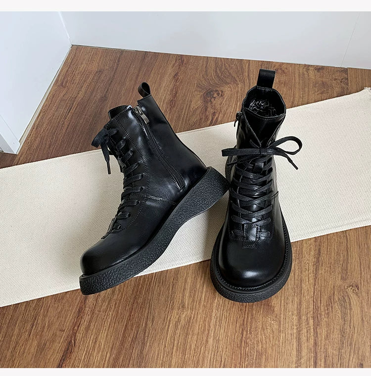 Women's Ankle Boots Lace Up Mid Calf Combat Booties Platform Low Heel