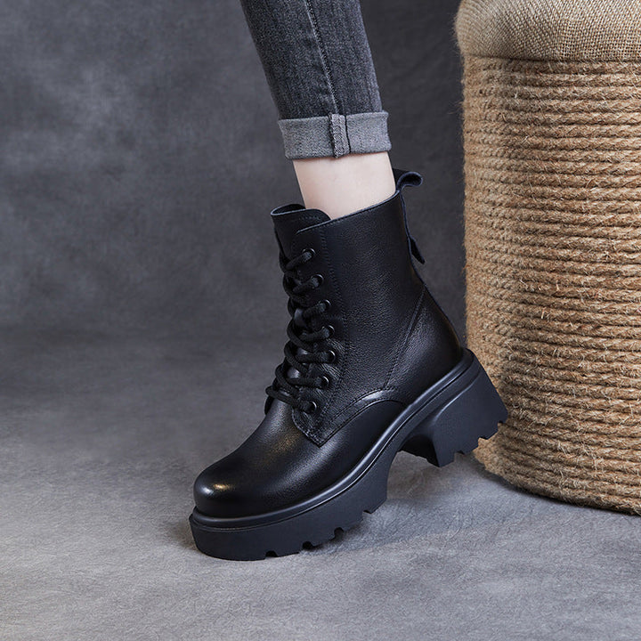 Women's Casual Genuine Leather Platform Boots – Chunky Heel & Side Zip
