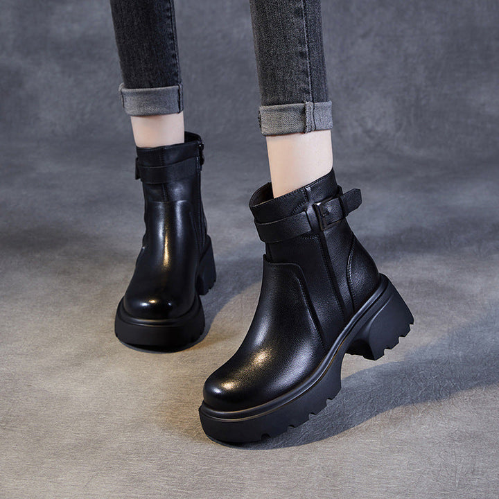 Women's Stylish Genuine Leather Platform Boots – Chunky Heel, Buckle & Side Zip