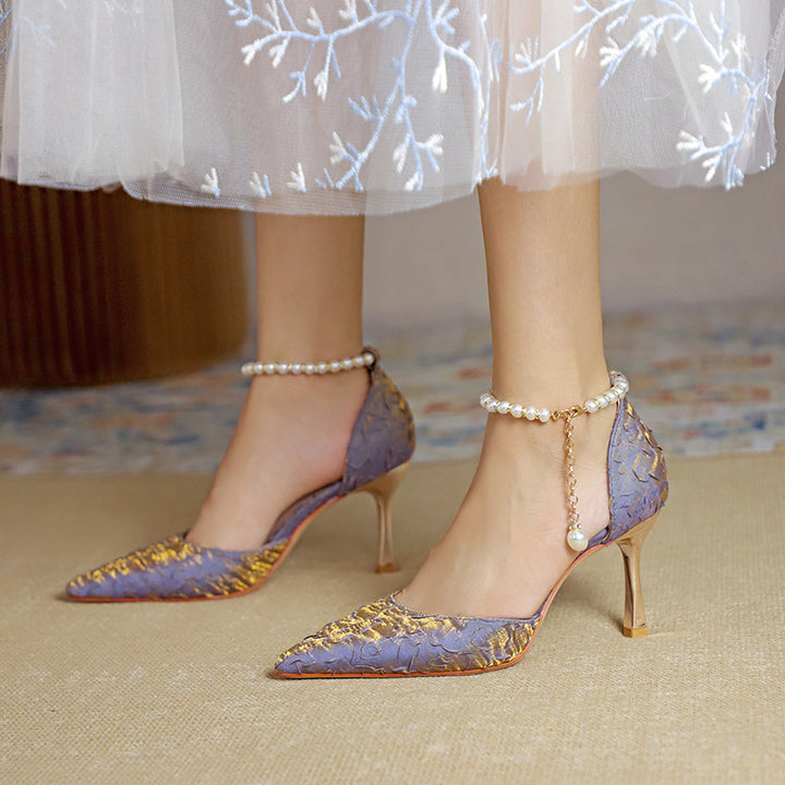 Women's Pearl Wedding Shoes for Bride High Heels Pointed Toe Satin Pumps