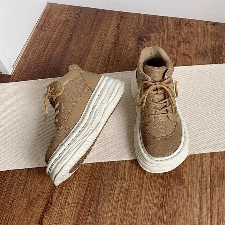 Women's Leather Patchwork High-Top Lace-Up Casual Sneakers – Ugly-Cute Style