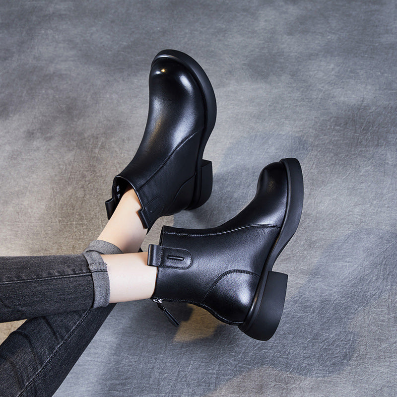 Women's Low Heel Casual Genuine Leather Boots with Back Zipper
