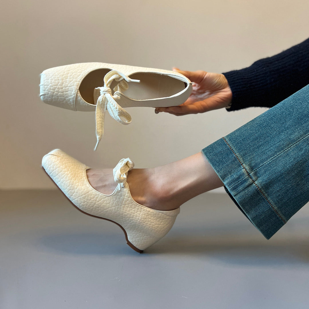 Women's Lychee Pattern Leather Ballet Flats - Square Toe Ribbon Lace-Up Mary Jane Pumps