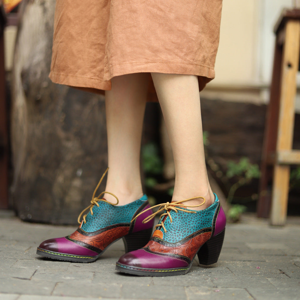 Women's Vintage Patchwork Sheepskin Oxford Pumps Square Toe Lace Up Chunky Heel Shoes