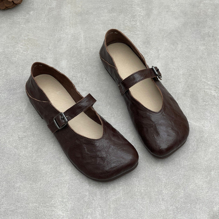 Women’s Handmade Sheepskin Mary Jane Flats – Square Toe V-Cut Comfortable Shoes