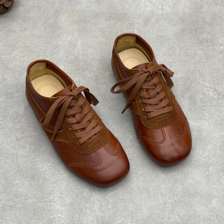 Women’s Vintage Distressed Leather Trainers – Retro Lace-Up Flats