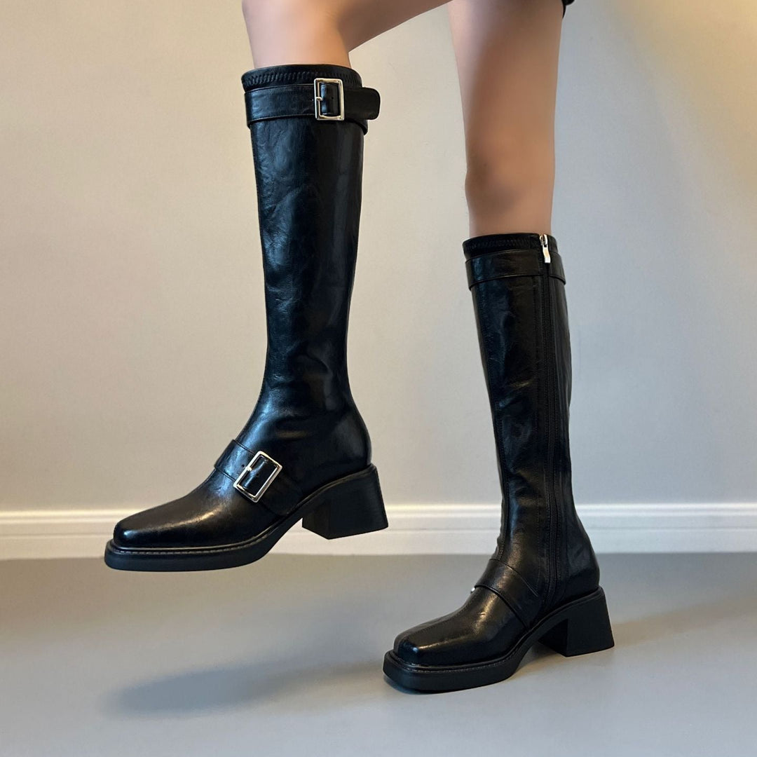 Women's Vintage Knee High Zipper Boots - Square Toe Buckle Strap Chunky Block Heel Riding Boots
