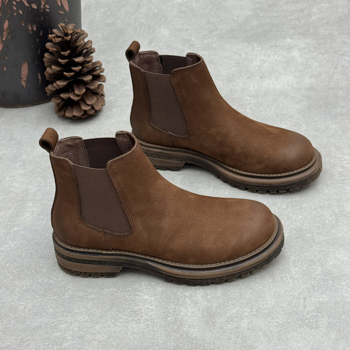Women's Top-Grain Leather Chelsea Ankle Boots Slip On Low Platform Heel Booties