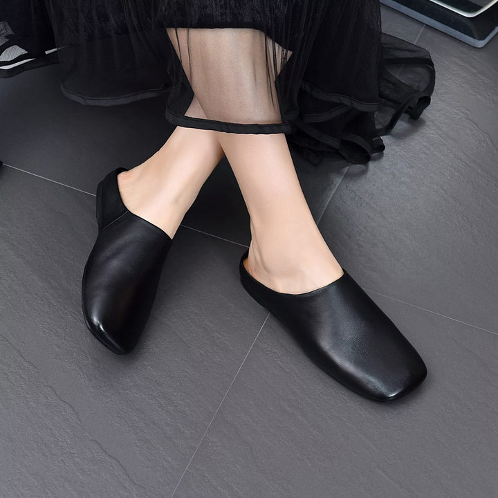 Women's Minimalist Square Toe Leather Slides - Zen Style Summer Mules Flat