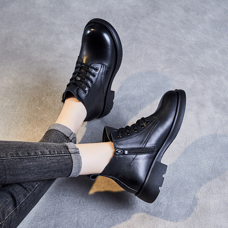 Women's Genuine Leather Casual Ankle Boots – Round Toe with Side Zipper