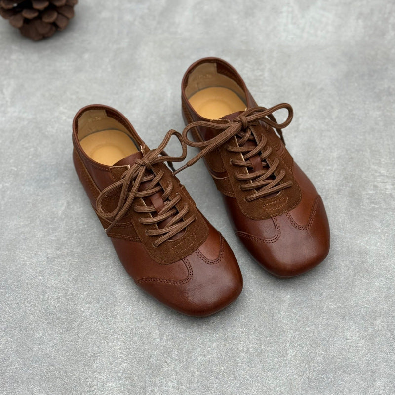 Women's Retro Washed Leather Sneakers Vintage Lace-up German Trainer Flats