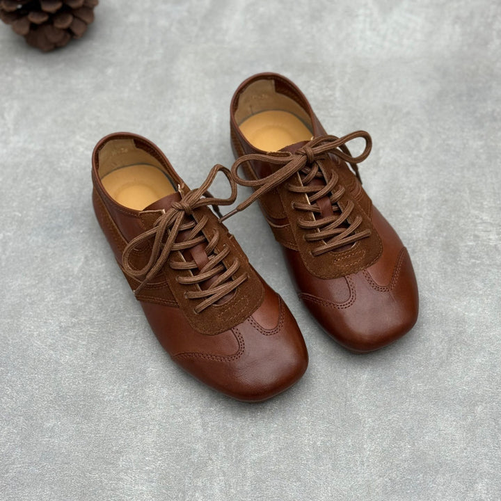 Women's Retro Washed Leather Sneakers Vintage Lace-up German Trainer Flats