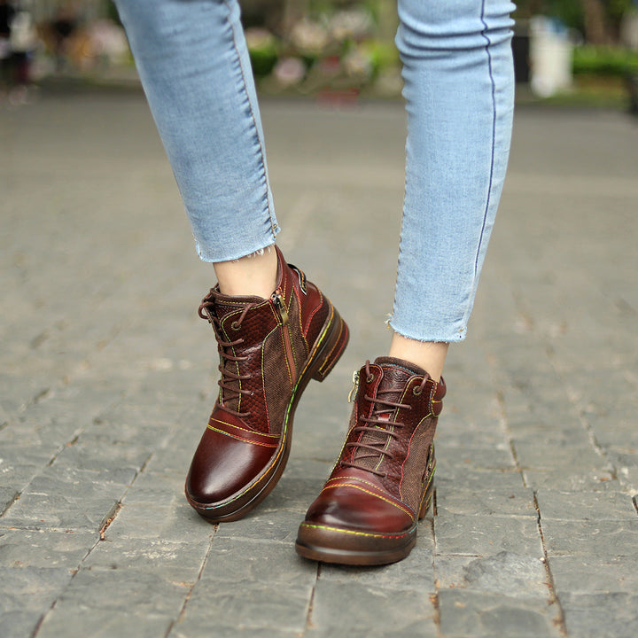 Women's Leather Ankle Boots - Contrast Stitching Flat Lace-up Zipper Boots