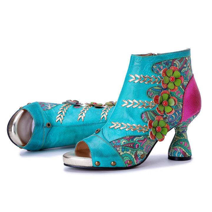 Bohemian Floral Sheepskin Booties for Women - Peep Toe Summer Sandals