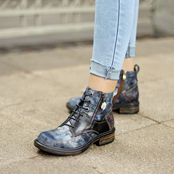 Floral Print Combat Boots for Women - Leather Lace-up Booties with Side Zipper