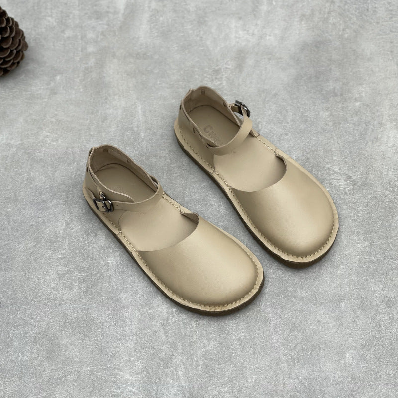 Women's Soft Leather Mary Janes - Round Toe Adjustable Ankle Buckle Strap Flat Sandals Casual Walking Shoes