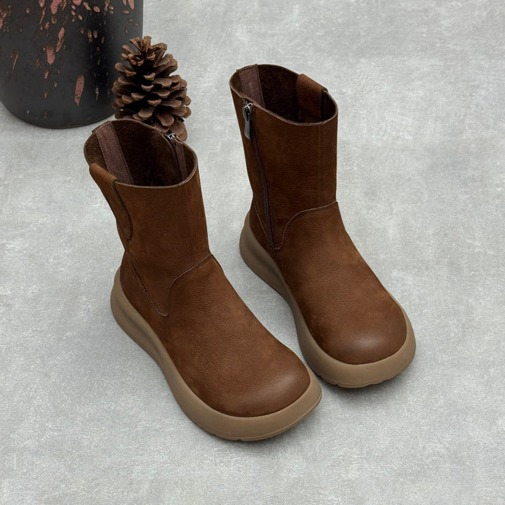 Women's Top-Grain Leather Mid Calf Boots Side Zipper Platform Casual Wedge Booties